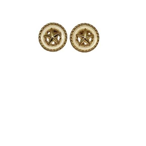 Vintage signed Monet Gold Tone Cream Enamel With Center Star Clip On Earrings - Picture 4 of 13